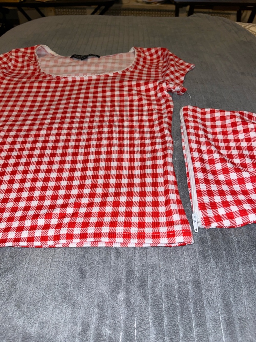 Red and White Gingham Short Sleeve Tee - Women